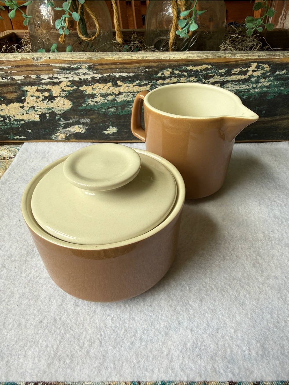 Stoneware Creamer & Covered Sugar Bowl Set Vintage Brown Mid Century Minimalist